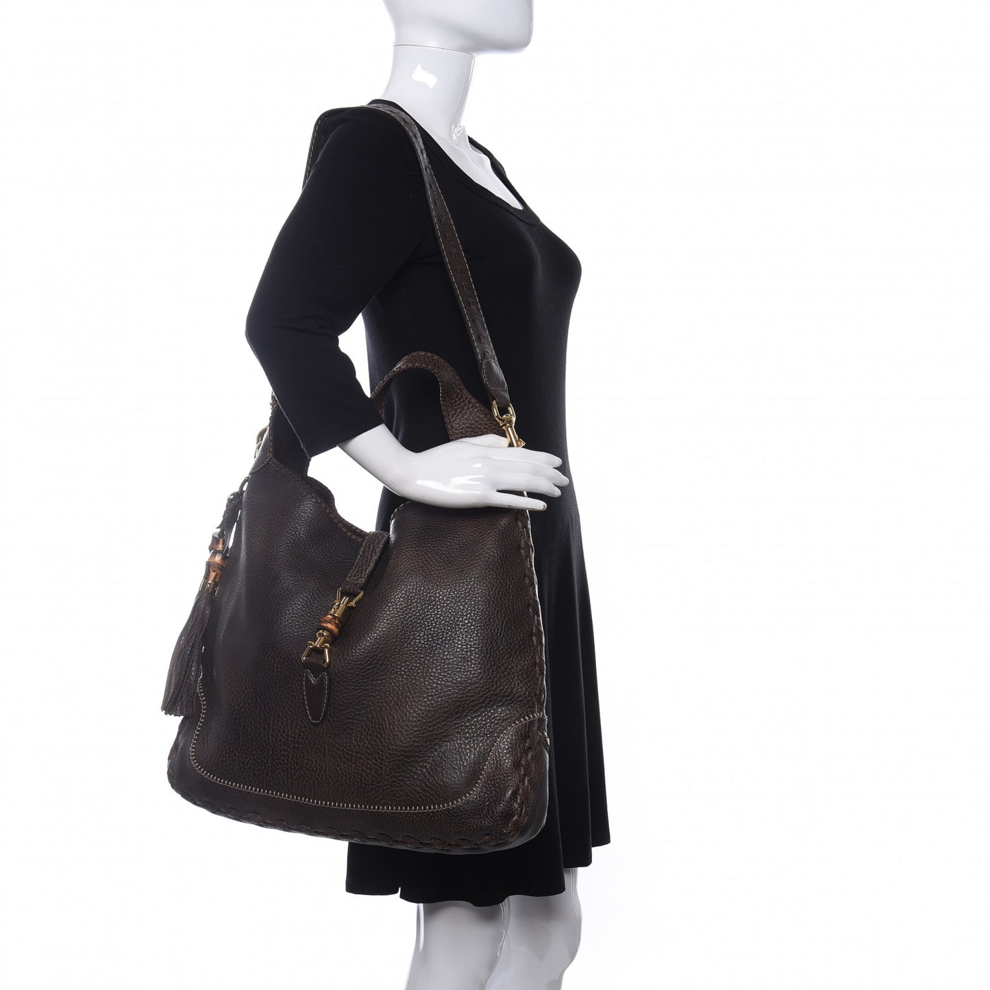 Calfskin Large New Jackie Shoulder Bag Dark Brown