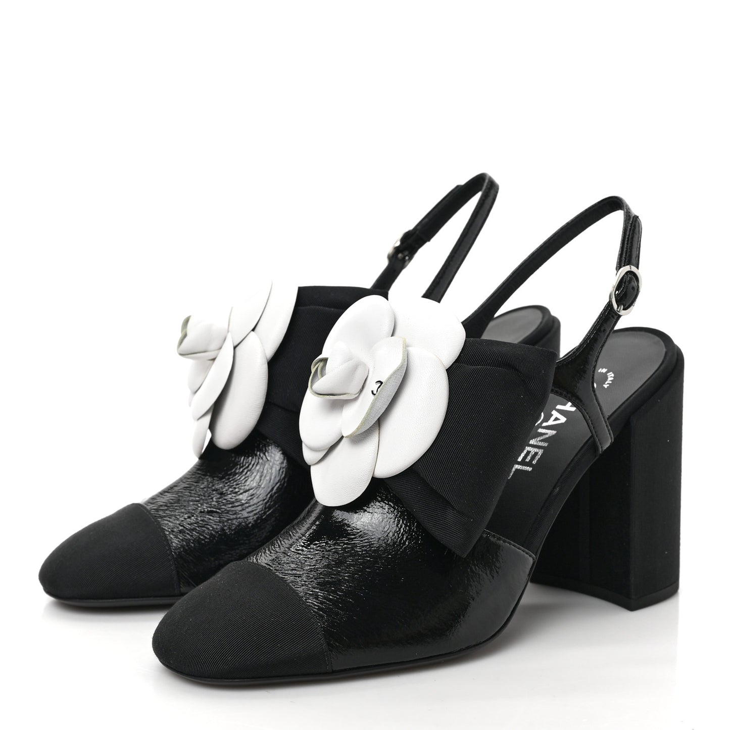 Crumpled Shiny Fabric Grosgrain Cap Toe Camellia Bow Slingback Pumps 39 Black