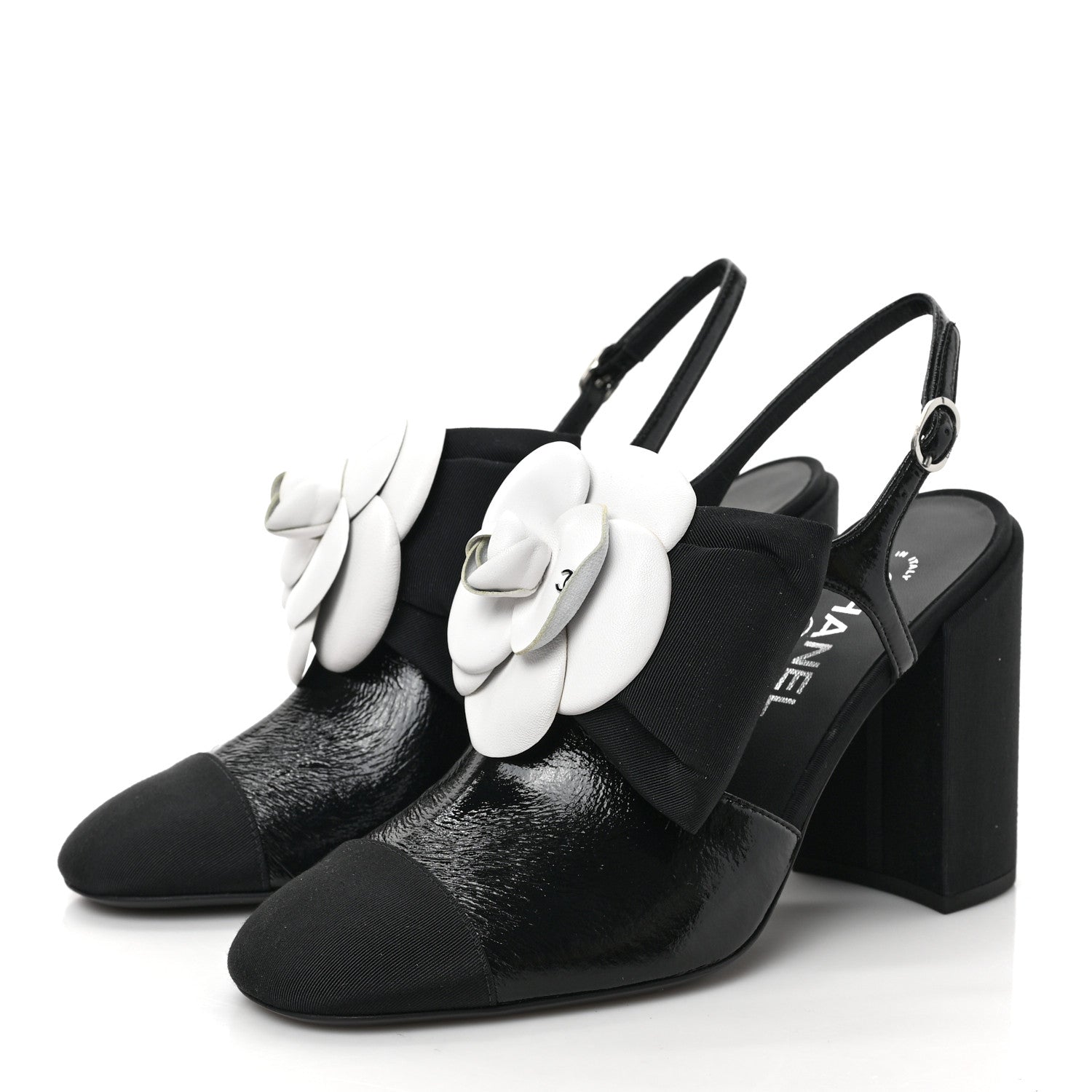 Chanel Crumpled Shiny Fabric Grosgrain Cap Toe Camellia Bow Slingback Pumps 39 Black 3 of 8