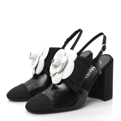 Chanel Crumpled Shiny Fabric Grosgrain Cap Toe Camellia Bow Slingback Pumps 39 Black 3 of 8