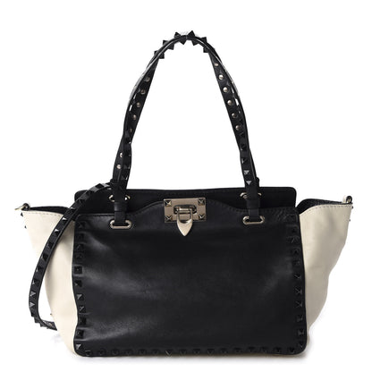 Valentino Garavani Vitello Monochrome Small Rockstud Tote Black Light Ivory 1 of 10