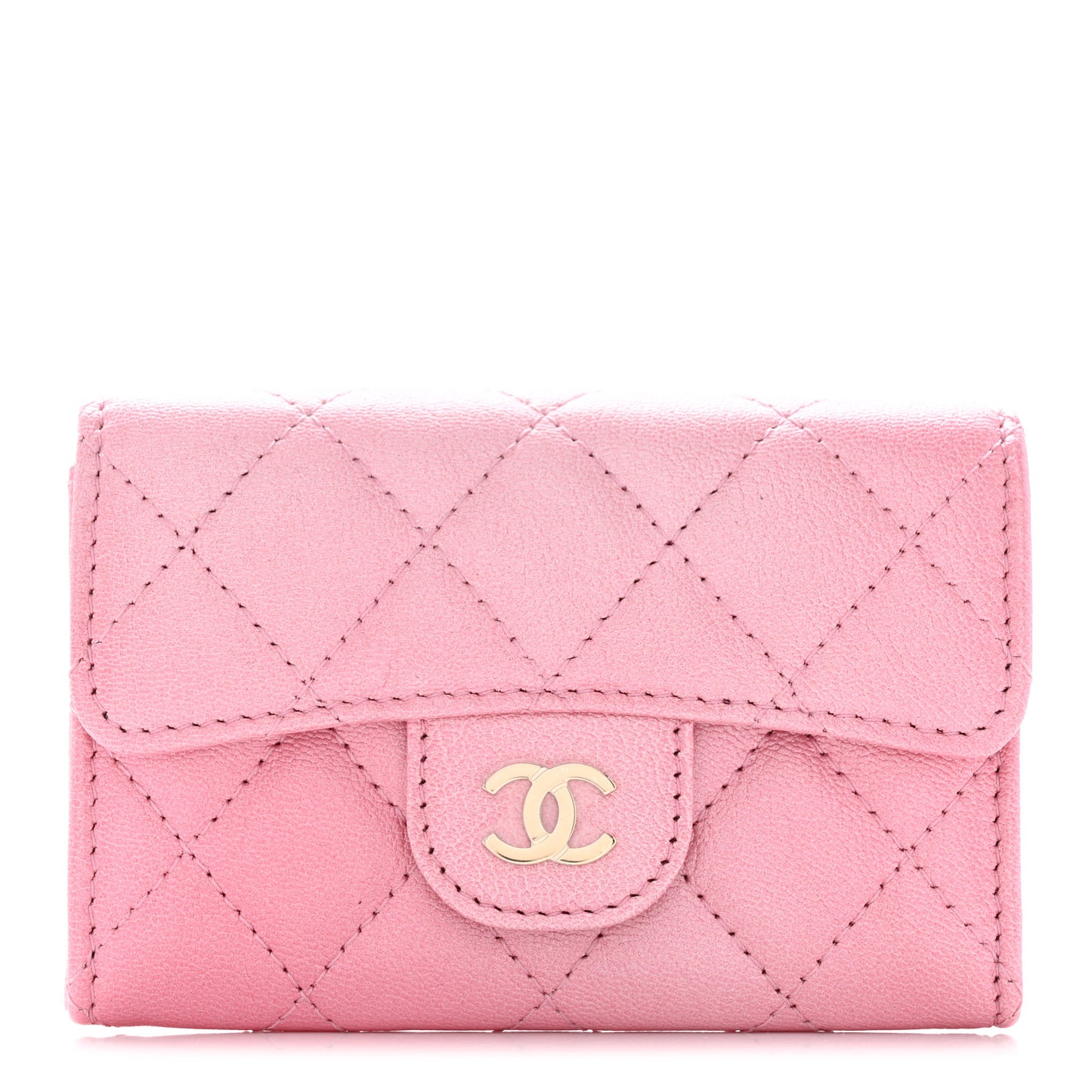 Cloudy Pearly Goatskin Quilted Flap Card Holder Wallet Pink