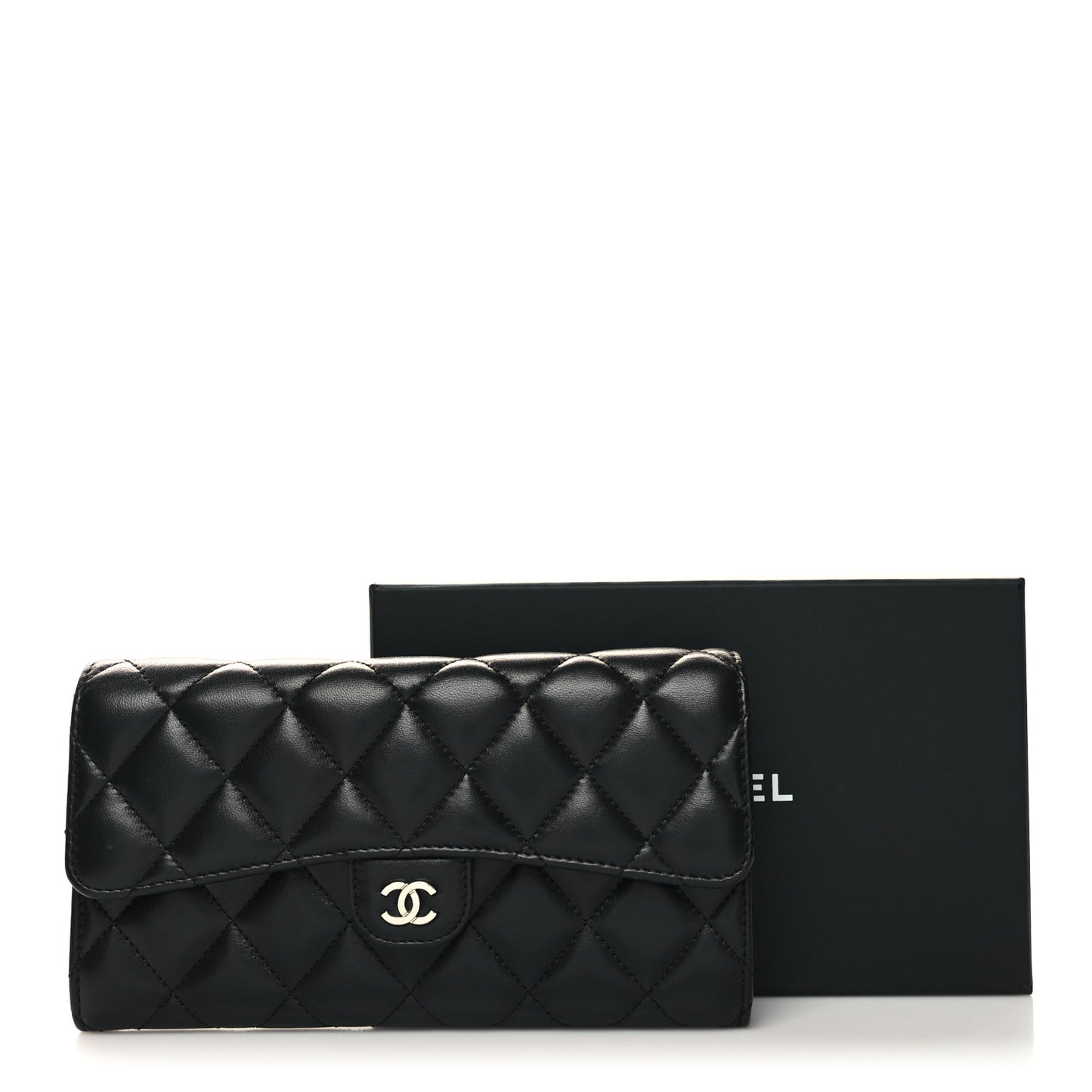 Lambskin Quilted Large Gusset Flap Wallet Black