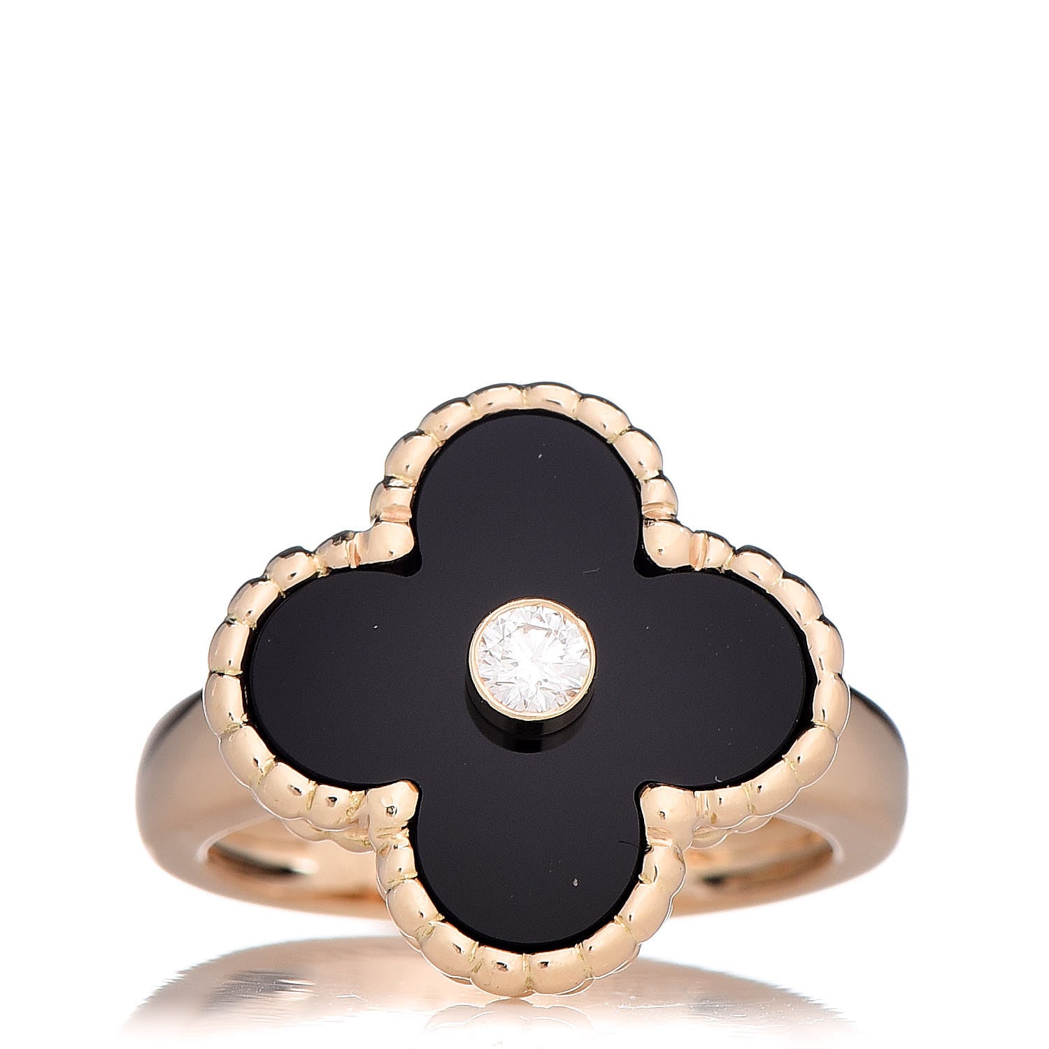 Van Cleef & Arpels 18K Yellow Gold Diamond Black Onyx Vintage Alhambra Ring 45 3.25 1 of 5