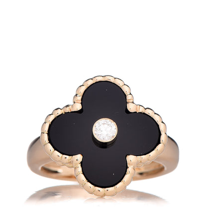 Van Cleef & Arpels 18K Yellow Gold Diamond Black Onyx Vintage Alhambra Ring 45 3.25 1 of 5