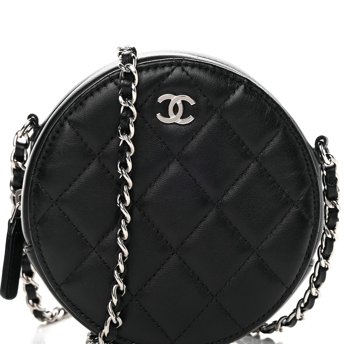 Lambskin Quilted Round Clutch With Chain Black