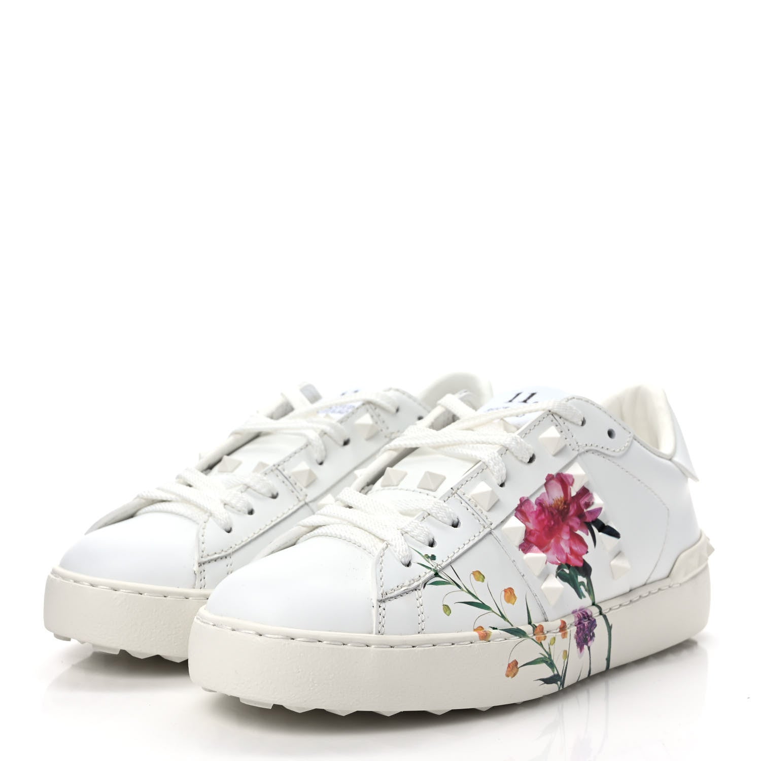 Valentino Garavani Calfskin Womens Floral Print Rockstud Sneakers 35.5 White 3 of 9