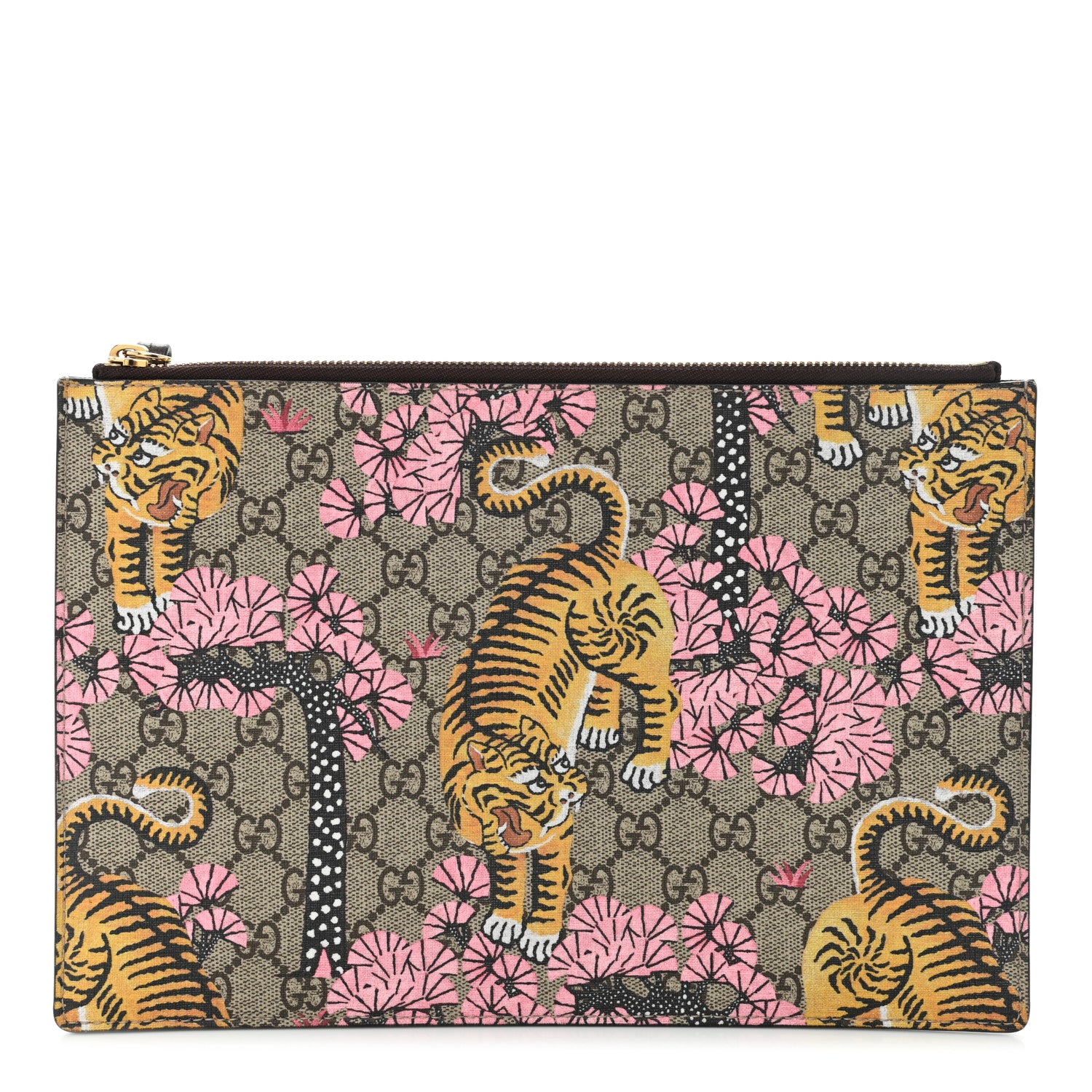 Gucci GG Supreme Monogram Bengal Zip Pouch Beige New Acero Crop Pink 1 of 10