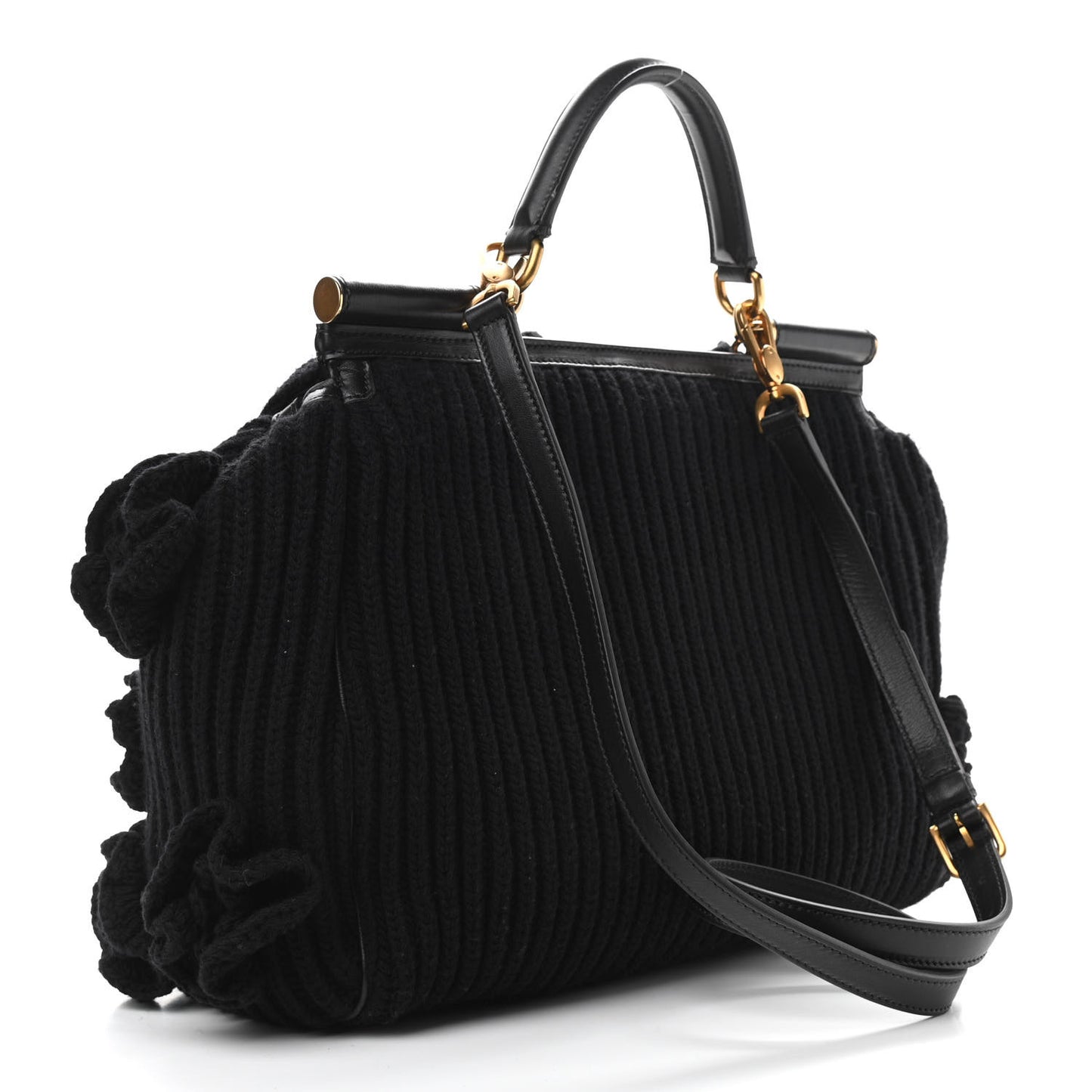 Calfskin Floral Knit Miss Sicily Satchel Black