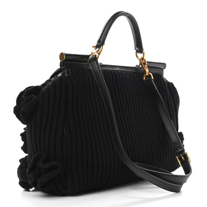 Dolce & Gabbana Calfskin Floral Knit Miss Sicily Satchel Black 2 of 13