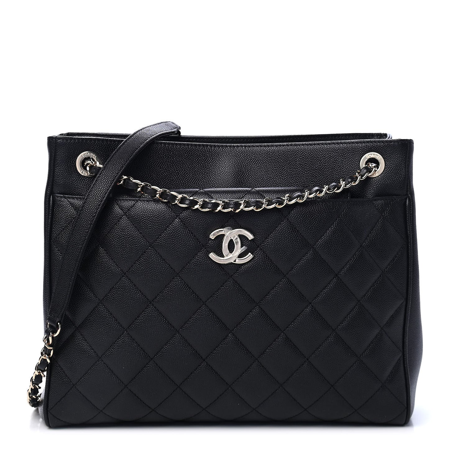 Caviar Quilted In Out Flap Shopping Tote Black