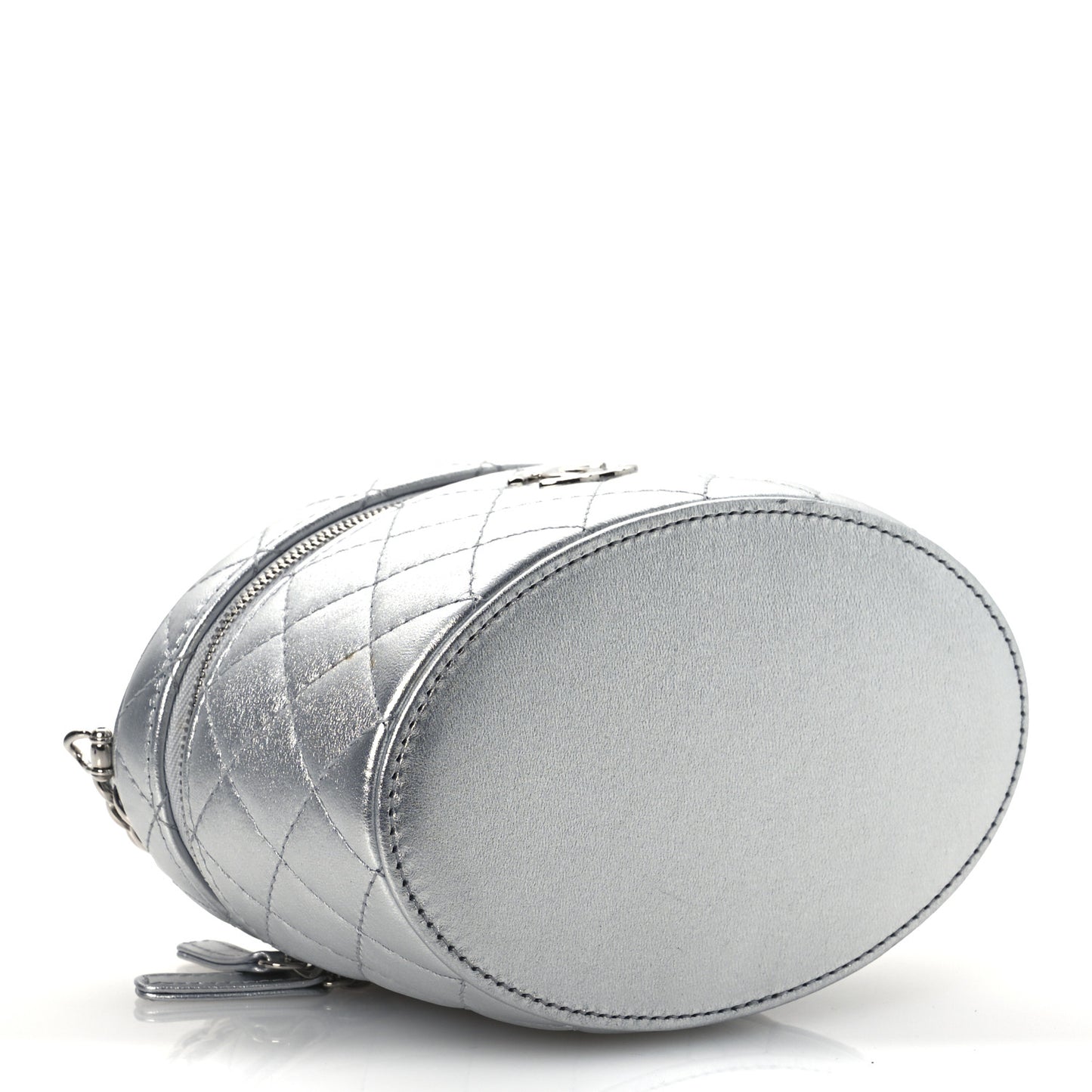 Metallic Calfskin Quilted Fancy Box Vanity Case With Chain Silver