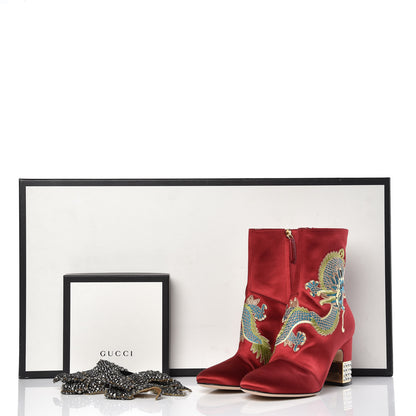 Gucci Silk Satin Malaga Kid Embroidered Candy Dragon Block-Heel Ankle Boot 38 Red 12 of 12
