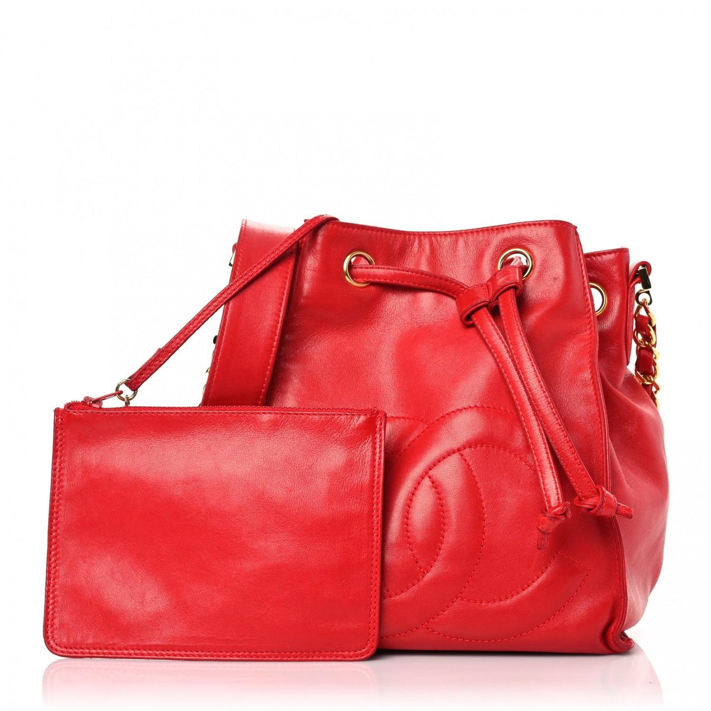 Lambskin CC Drawstring Shoulder Bag Red