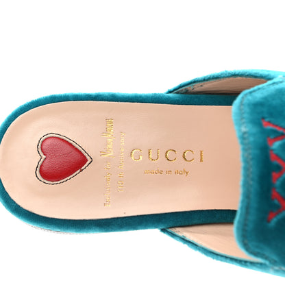 Gucci Velvet Floral Embroidered Womens Princetown Slippers 36.5 Pavone 6 of 11