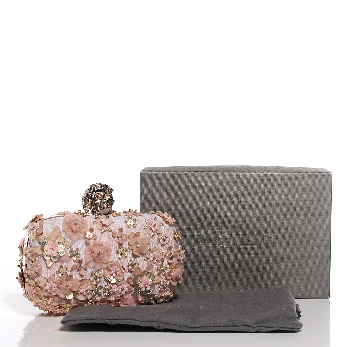 Flower Appliqued Silk Brocade Skull Box Clutch Pink