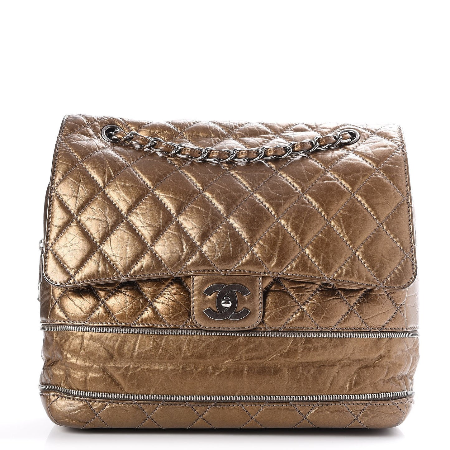 Metallic Aged Calfskin Expandable Flap Bag Dark Gold