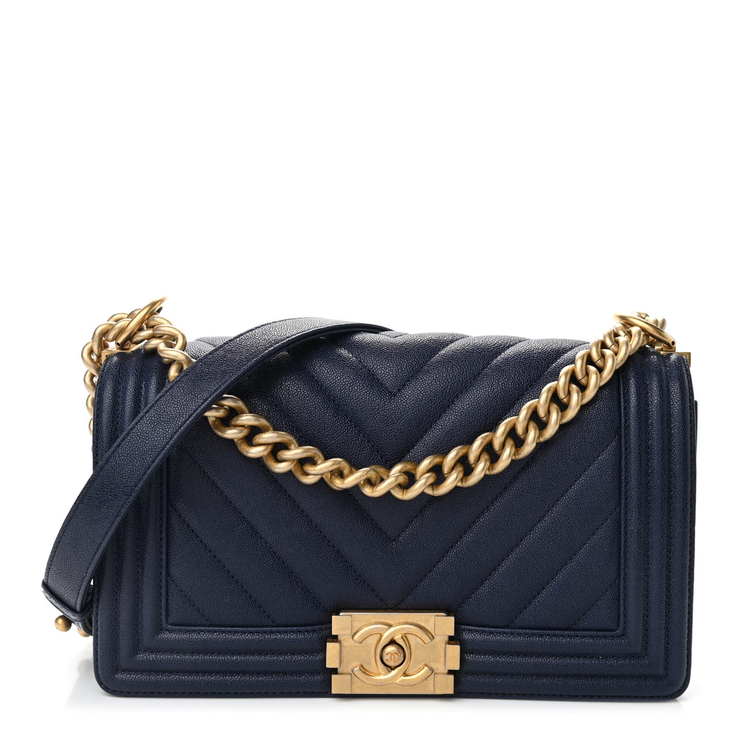 Caviar Chevron Quilted Medium Boy Flap Navy