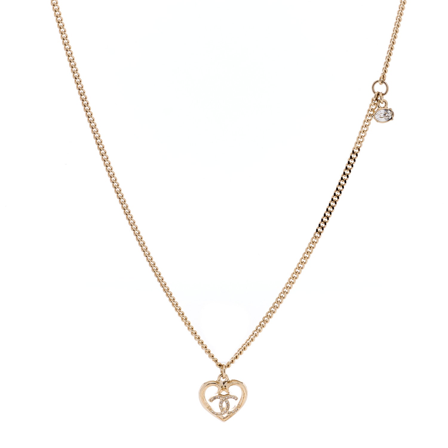 Chanel Metal Crystal CC Logo Heart Necklace Gold 1 of 3