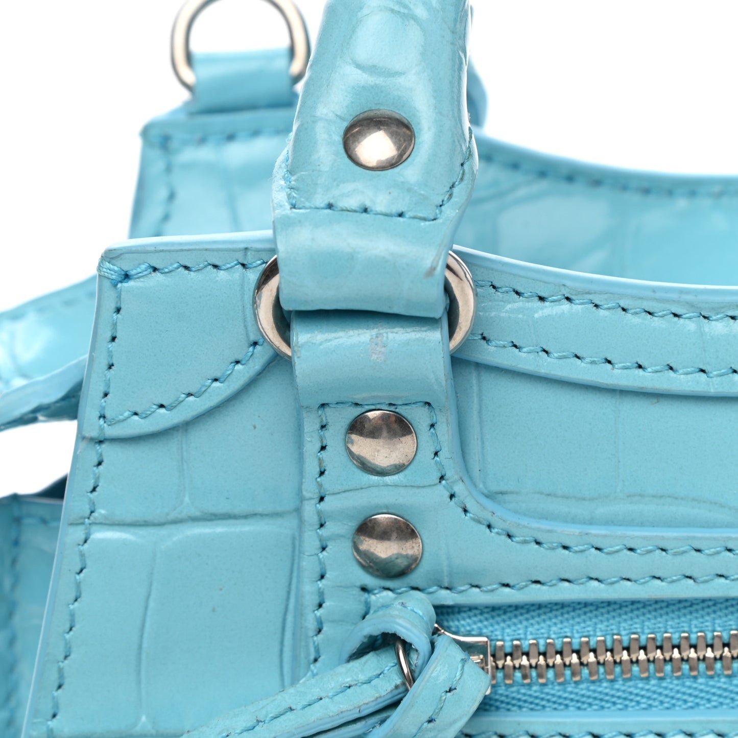 Calfskin Crocodile Embossed Neo Classic Silver Hardware Nano City Crossbody Azur