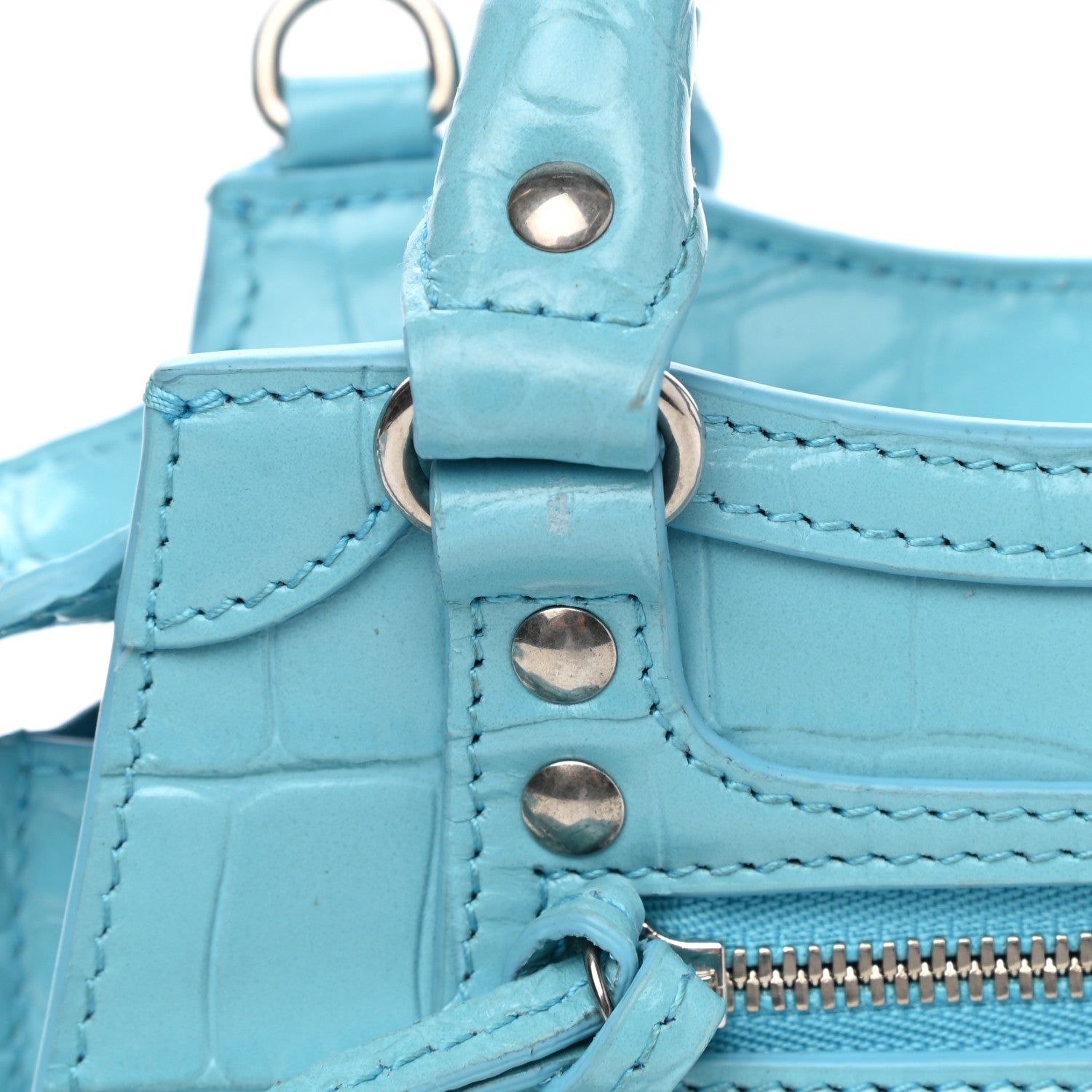 Balenciaga Calfskin Crocodile Embossed Neo Classic Silver Hardware Nano City Crossbody Azur 9 of 9
