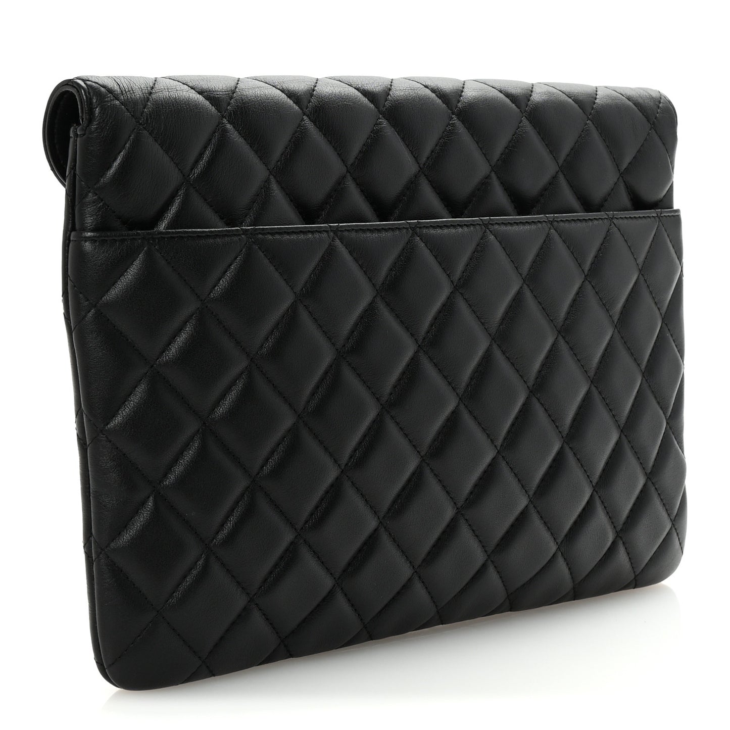 Calfskin Quilted Front Logo Enchained Clutch Black