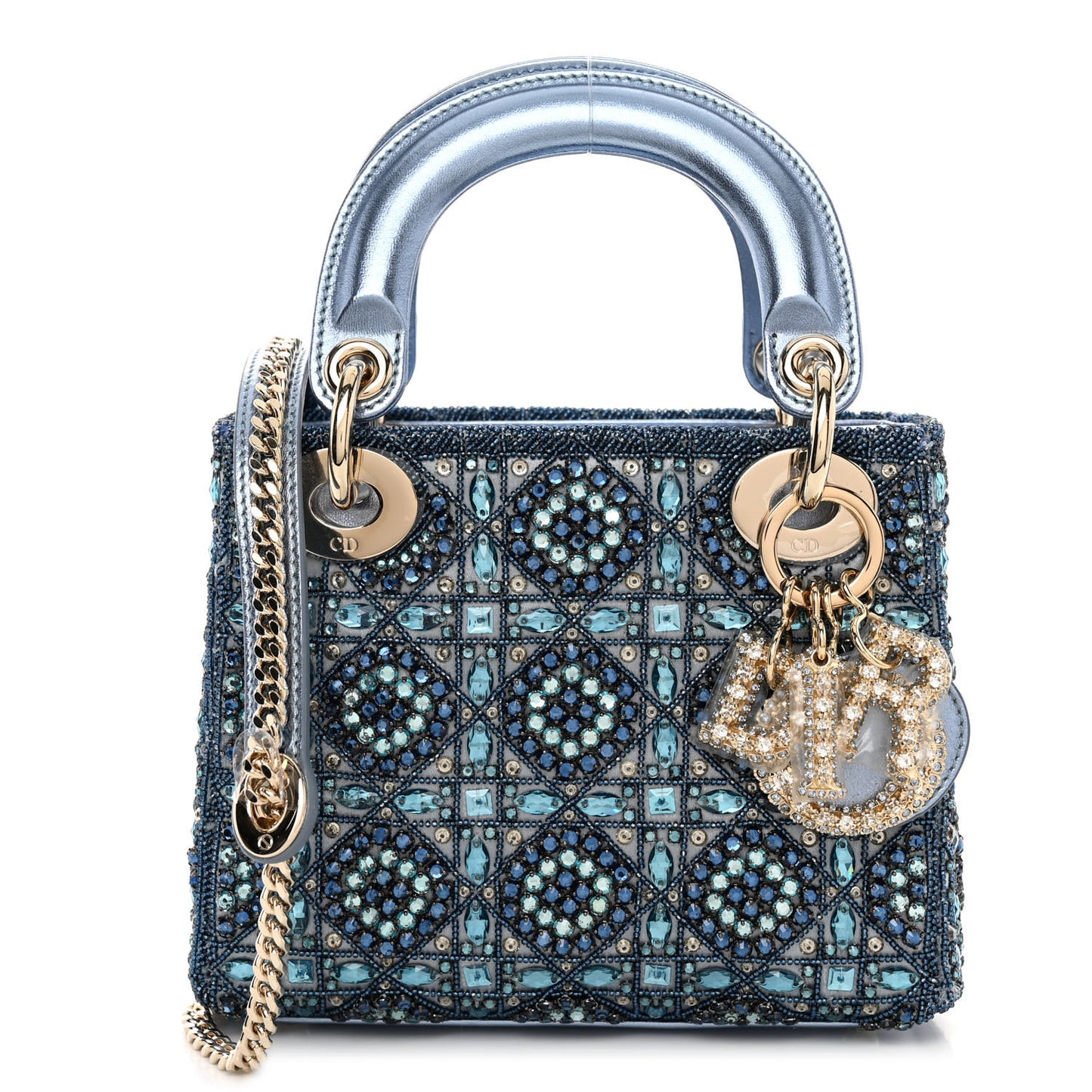 Metallic Calfskin Satin Celestial Bead Embroidery Cannage Mini Lady Dior Blue