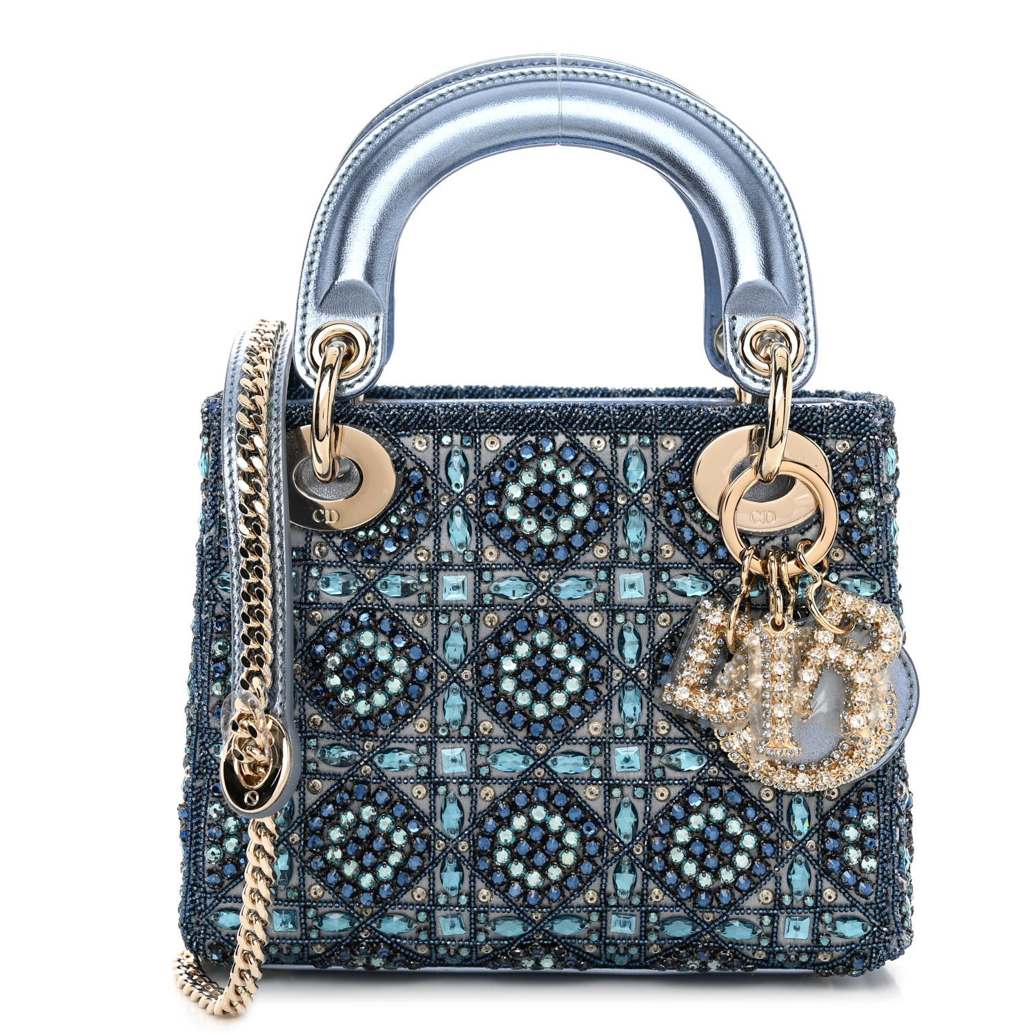 Christian Dior Metallic Calfskin Satin Celestial Bead Embroidery Cannage Mini Lady Dior Blue 1 of 11