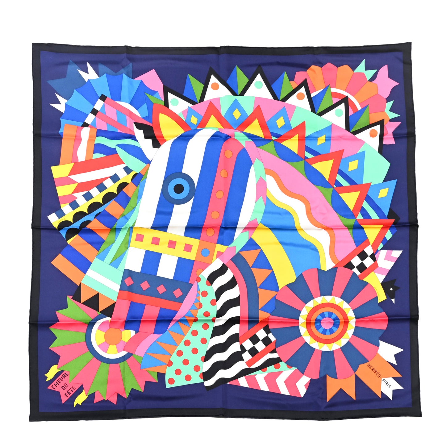Silk Cheval De Fete Scarf 90 Indigo Jaune Vif Multicolor