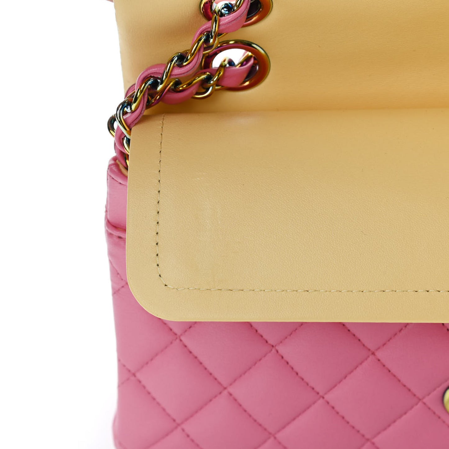Lambskin Quilted Small Double Flap Pink Yellow