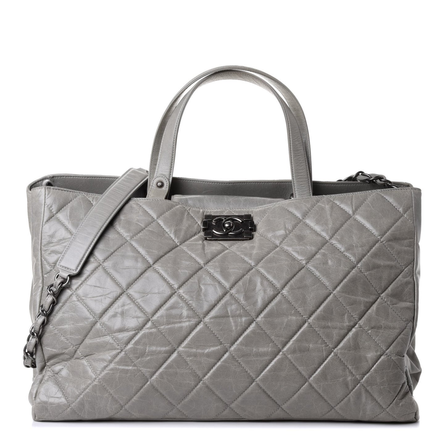 Glazed Calfskin Quilted Boy Tote Light Grey