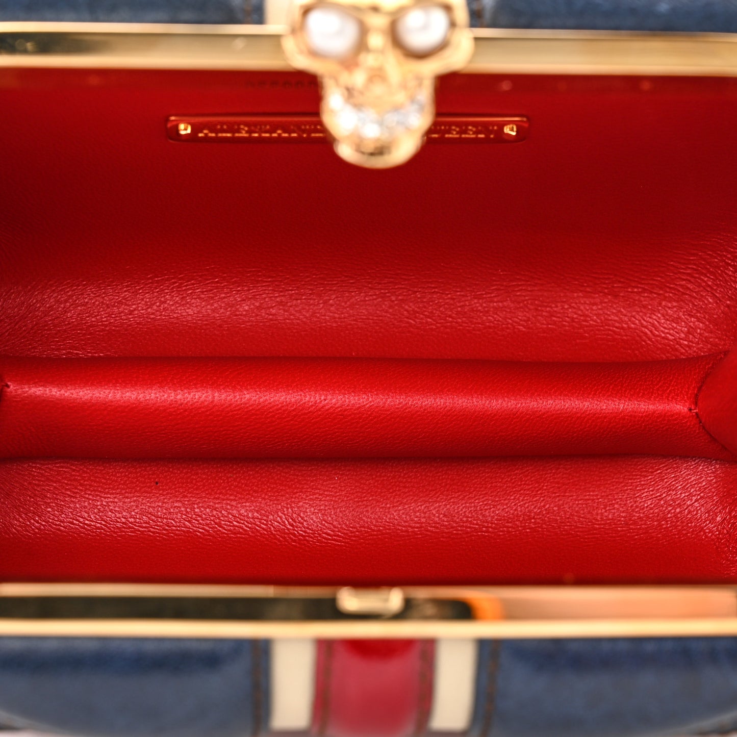 Patent Calfskin Britannia Skull Box Clutch Red Blue