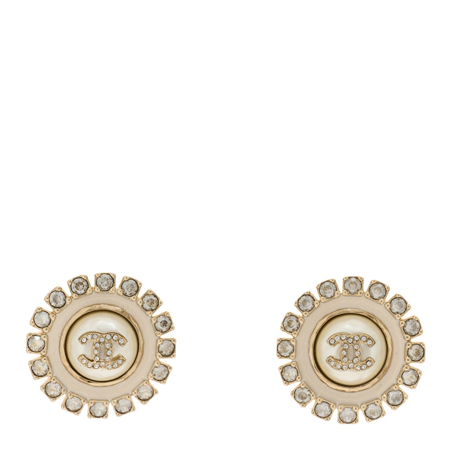 Chanel Metal Pearl Crystal CC Round Earrings Light Gold 1 of 5