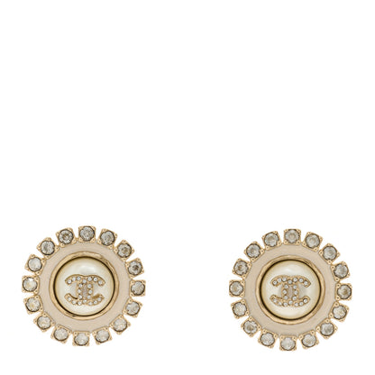 Chanel Metal Pearl Crystal CC Round Earrings Light Gold 1 of 5