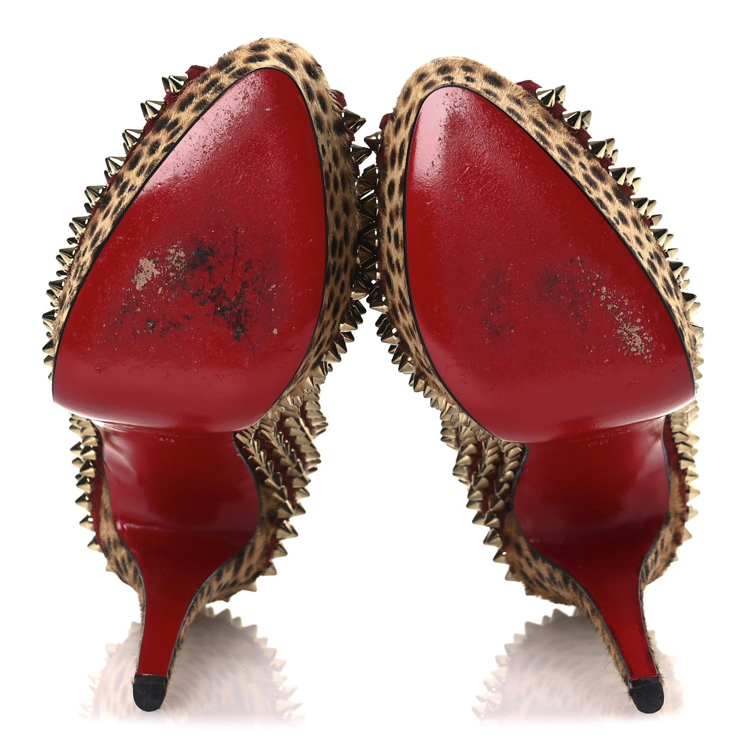 Christian Louboutin Veau Velours Calf Hair Leopard Lady Peep Spikes 150 Pumps 38 Red 7 of 13