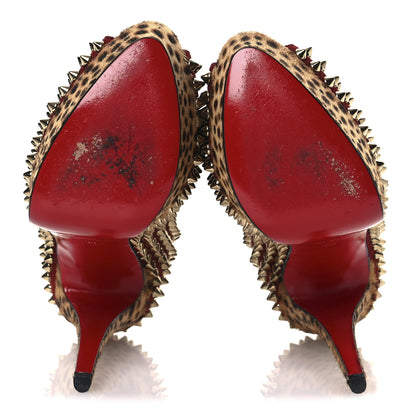 Christian Louboutin Veau Velours Calf Hair Leopard Lady Peep Spikes 150 Pumps 38 Red 7 of 13