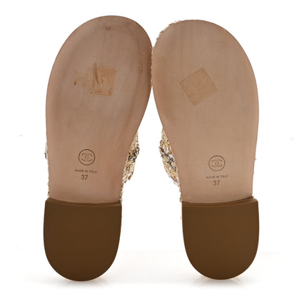 Chanel Raffia Lambskin Woven Chain CC Toe Ring Sandals 37 Beige White 6 of 11