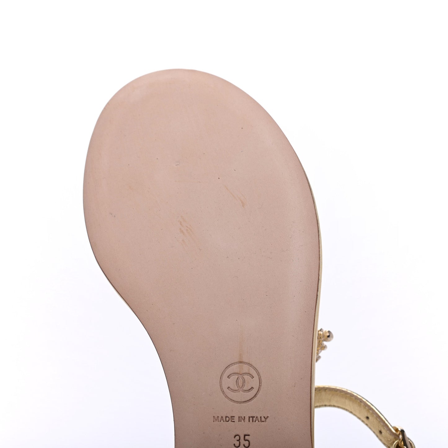 Aged Metallic Calfskin Pearl Crystal CC Charm Thong Sandals 35 Gold