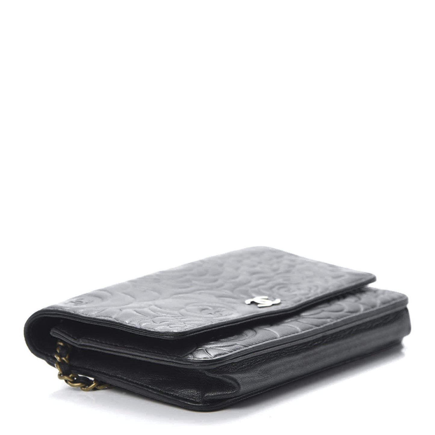 Lambskin Camellia Embossed Wallet on Chain WOC Black