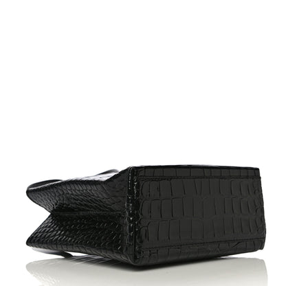 Balenciaga Shiny Calfskin Logo Crocodile Embossed North South Shopper Tote XXS Black White 4 of 12
