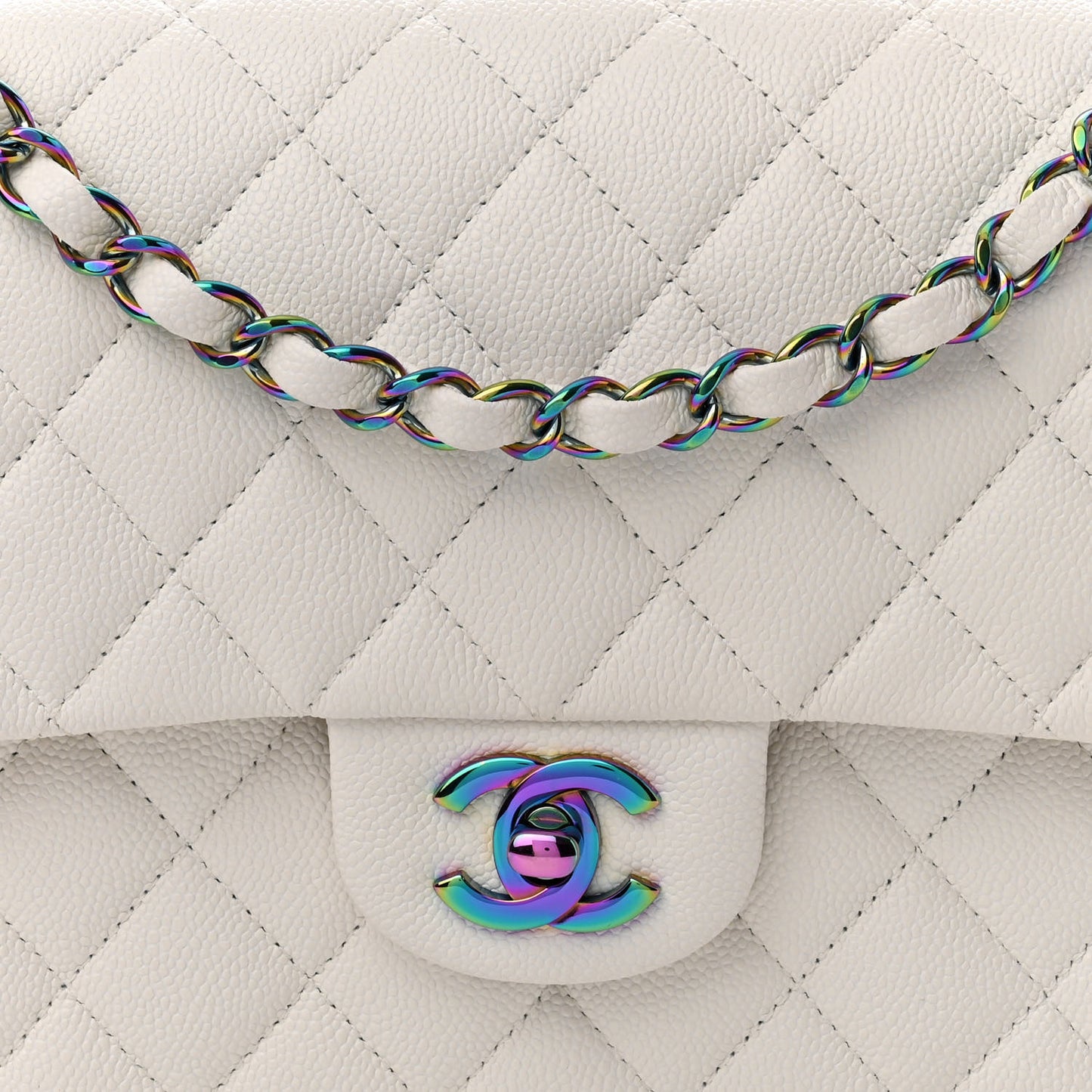 Caviar Quilted Rainbow CC Medium Double Flap White