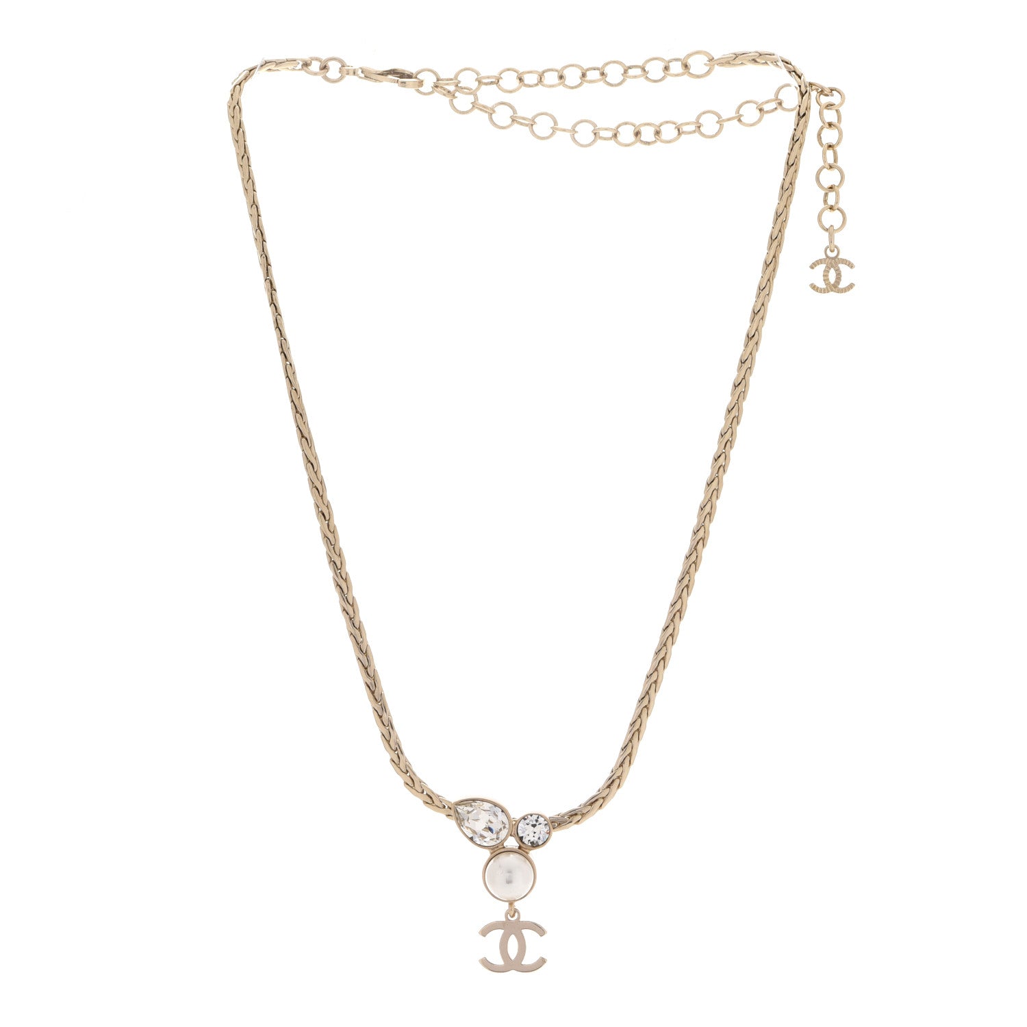 Chanel Pearl Crystal CC Teardrop Braided Necklace Gold 3 of 6