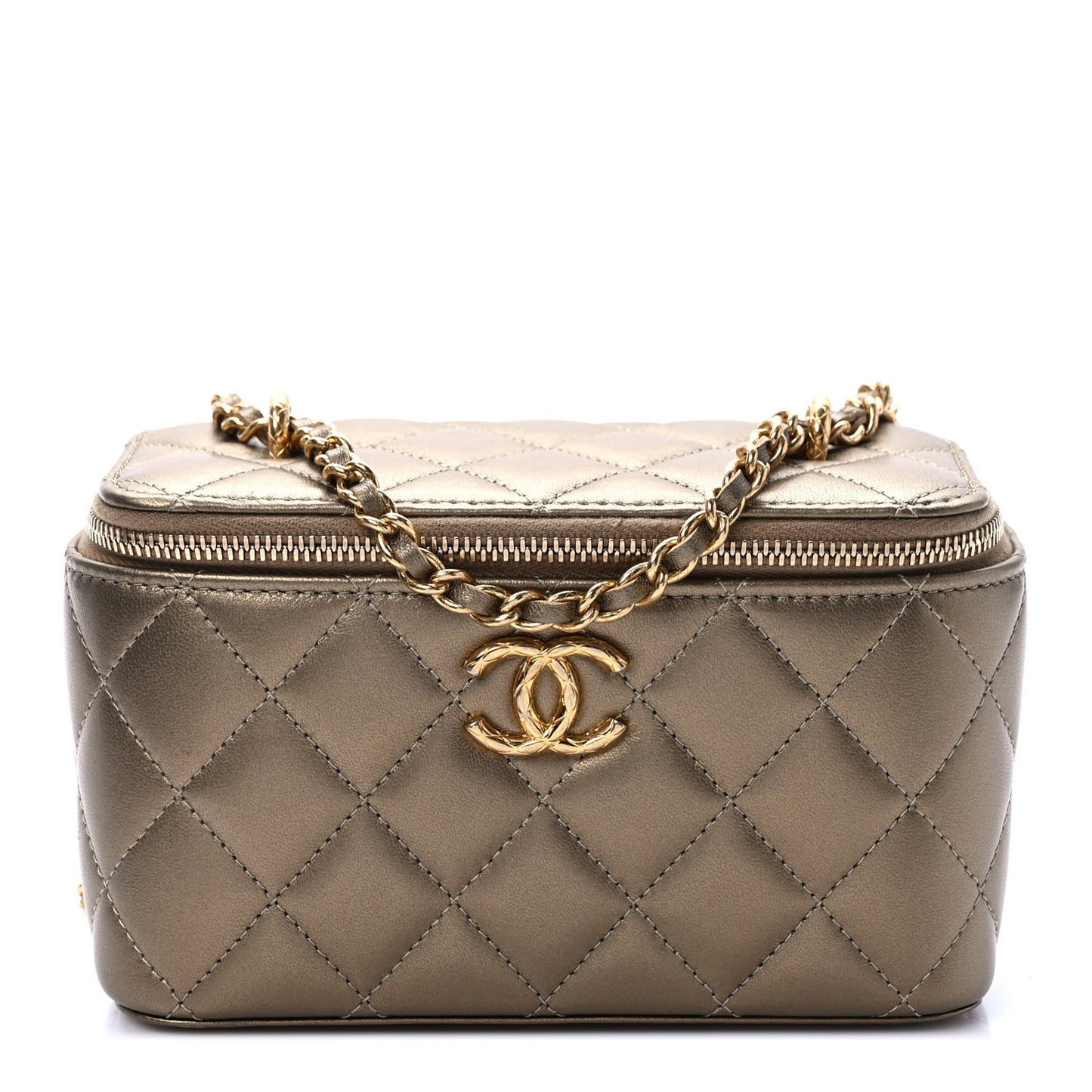 Metallic Lambskin Quilted Small CC Dynasty Vanity Case With Chain Gold