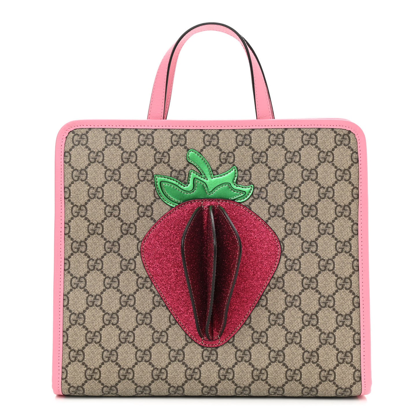 GG Supreme Monogram 3-D Strawberry Childrens Tote Beige Ebony Lotus Pink Fuxia Emerald