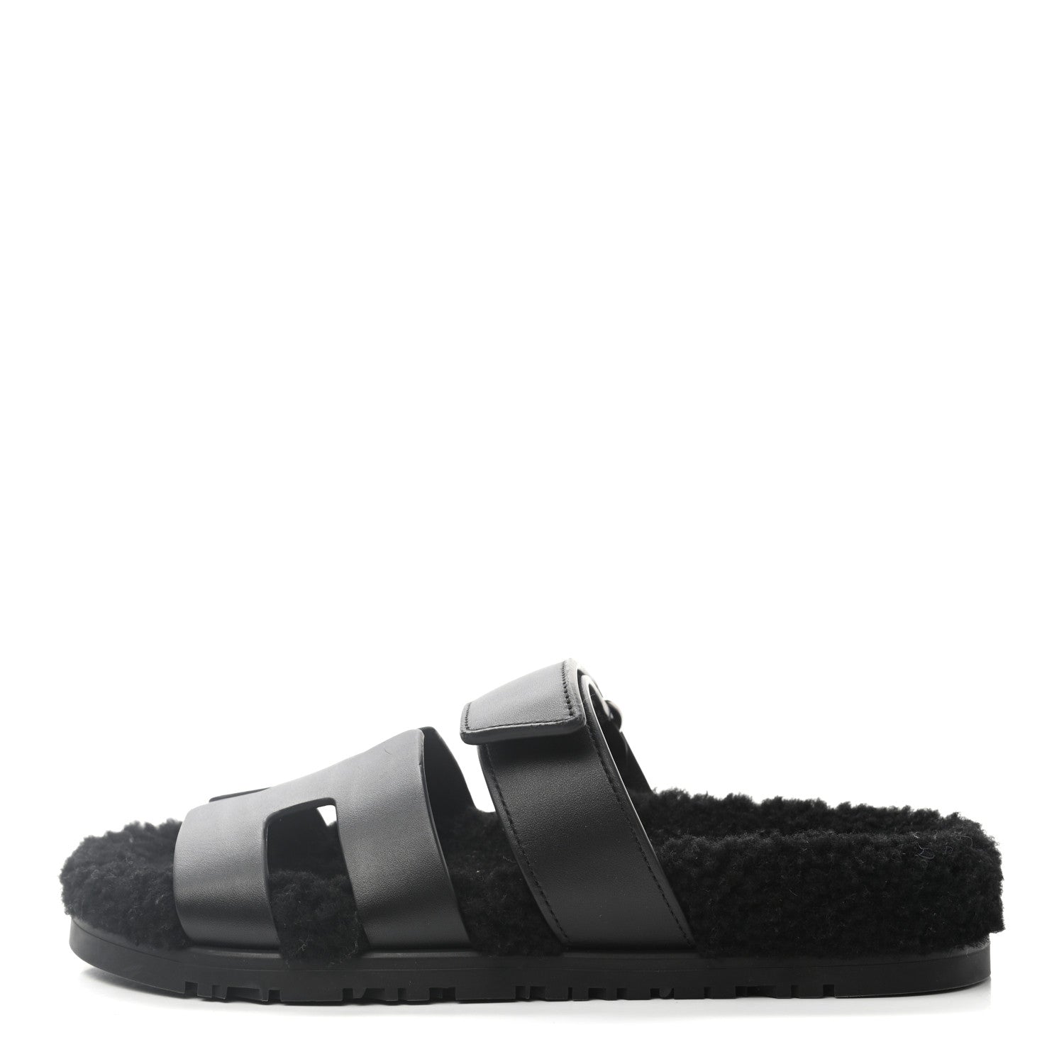 Hermes Calfskin Woolskin Womens Chypre Sandals 36.5 Black 1 of 9
