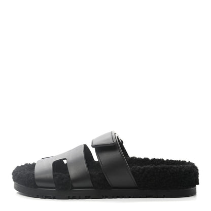 Hermes Calfskin Woolskin Womens Chypre Sandals 36.5 Black 1 of 9