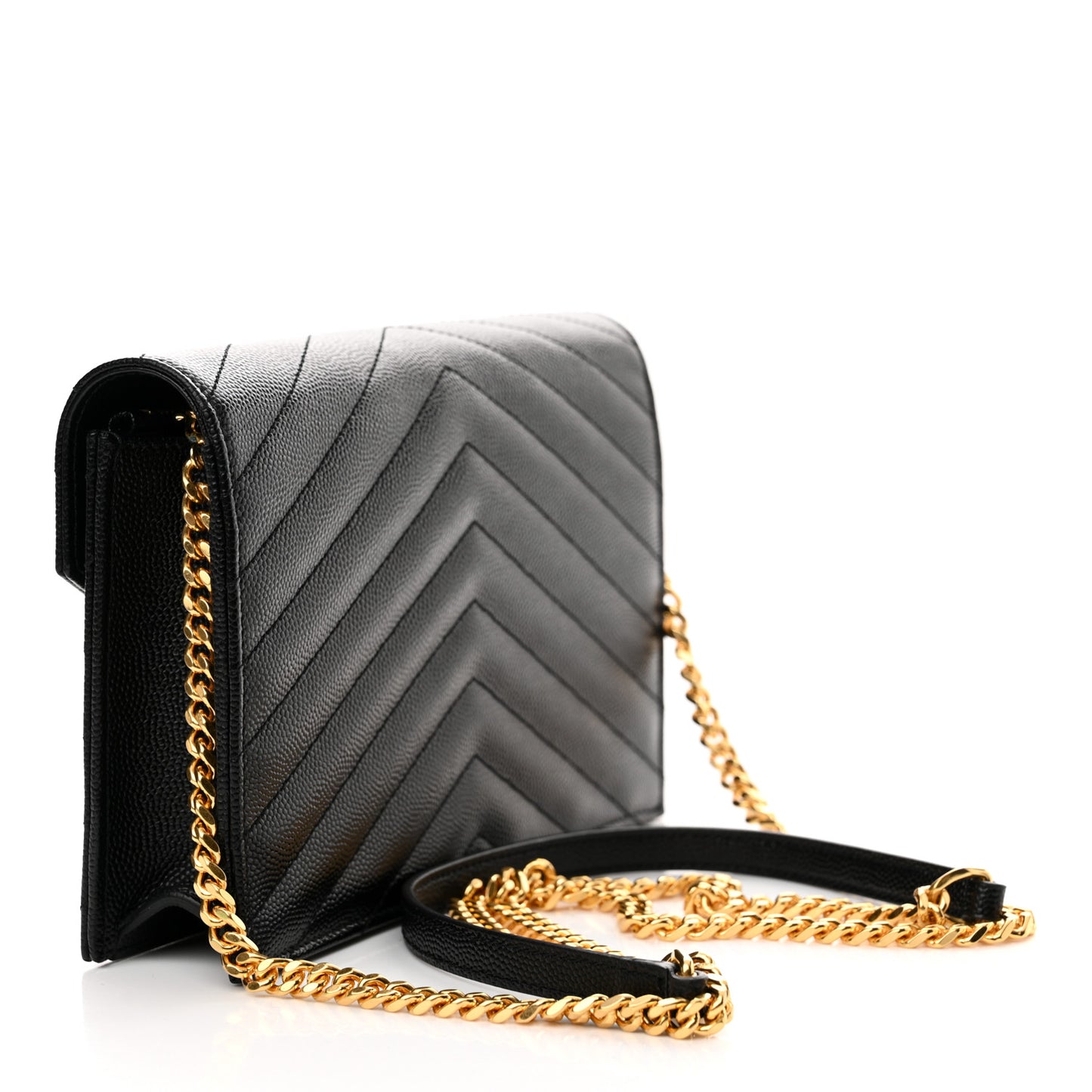 Grain De Poudre Matelasse Chevron Monogram Envelope Chain Wallet Black
