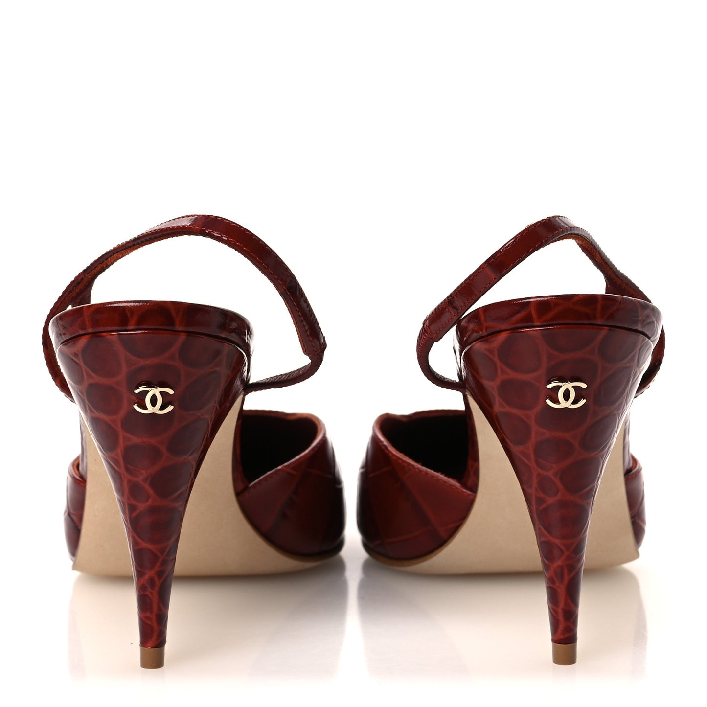 Patent Calfskin Crocodile Embossed Cap Toe CC Slingback Pumps 39 Dark Red White