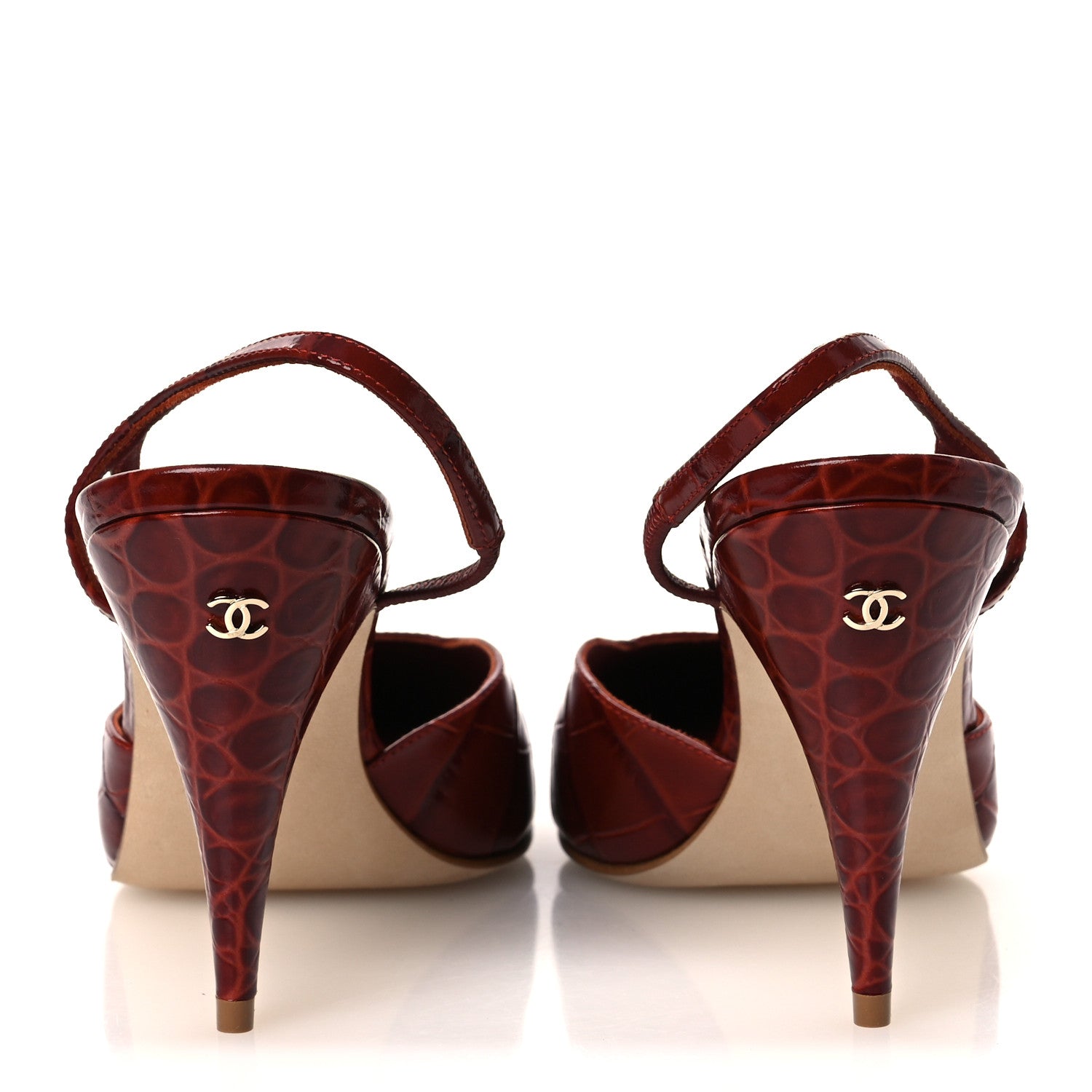 Chanel Patent Calfskin Crocodile Embossed Cap Toe CC Slingback Pumps 39 Dark Red White 6 of 11