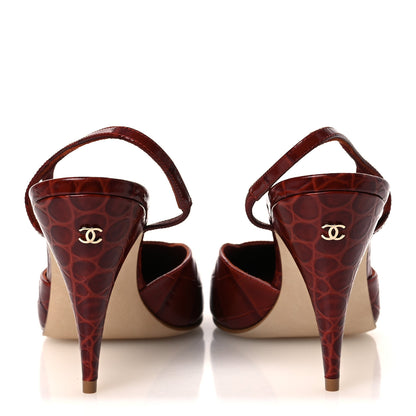Chanel Patent Calfskin Crocodile Embossed Cap Toe CC Slingback Pumps 39 Dark Red White 6 of 11